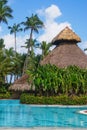 Classical caribbean tropical thatched roof pavilion. Travel tropical eco resort background. Caribbean sea,Central America