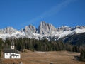 Classical dolomites panorama - church forest and mountains