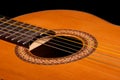 Classical guitar close up on dark