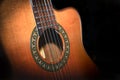 Classical guitar detail on black background