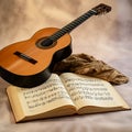 classical guitar next to open music book