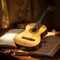 classical guitar next to open music book on table