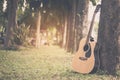Classical guitar propped against a tree trunk