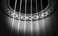 Classical guitar: strings and rosette. Black and white photo