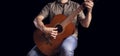 Classical guitarist plays piece of music. Men musician plays classical guitar. Guitarist isolated on black. Beautifull woodem acou