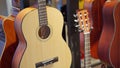 Classical guitars on display in an instrument store, hung on a wall, shot close up Royalty Free Stock Photo