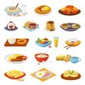 Classical hotel breakfast food menu meal set of isolated vector illustrations. Coffee, fried eggs bacon, toasts and Royalty Free Stock Photo