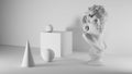 Classical installation still life, with antique sculpture triton head, and simple geometric shapes, ball, cube, pyramid, in white