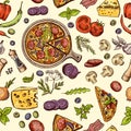 Classical italian food. Pizza and slices with different ingredients. Vector seamless pattern Royalty Free Stock Photo