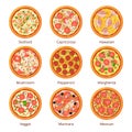 Classical italian food. Pizza top view in cartoon style. Vector illustrations isolated on white