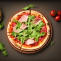Classical Italian pizza with prosciutto and rocket salad on round wooden plate on table background
