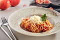 Classical Italian spaghetti with Amatriciana sauce Royalty Free Stock Photo