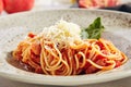 Classical Italian spaghetti with Amatriciana sauce Royalty Free Stock Photo