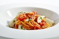Classical Italian Spaghetti with Milk Mozzarella and Tomato Sauce Top View. Traditional Homemade Pasta, Fresh Basil, Parsley, Garl Royalty Free Stock Photo