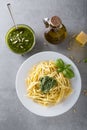 Classical italian trofie pasta with pesto sauce