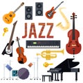 Classical jazz performance musical instruments isolated set flat design vector illustration