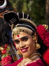 Classical Kathakali dancers depicting Hindu gods perform in temple festival, Kumarakom, Kerala, southern India