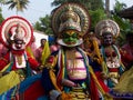 Classical Kathakali dancers depicting Hindu gods perform in temple festival, Kumarakom, Kerala, southern India