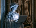 Classical Marble Statue Woman Using Laptop Elegant Interior Setting AI generated. Royalty Free Stock Photo
