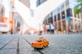 Classical model taxi parked by the Oculus architecture details in Lower Manhattan at sunset Royalty Free Stock Photo