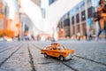 Classical model taxi parked by the Oculus architecture details in Lower Manhattan at sunset Royalty Free Stock Photo