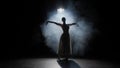 Silhouette of female on black background under spotlight projector in studio. Ballerina in white tulle dancing slow Royalty Free Stock Photo
