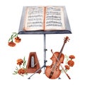 Classical music element with violin, music stand and metronome decorated with flowers. Watercolor illustration on white background