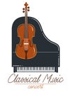 Classical music emblem or logo vector flat style illustration isolated, grand piano andcello logotype for recording label or Royalty Free Stock Photo