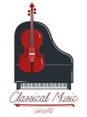 Classical music emblem or logo vector flat style illustration isolated, grand piano andcello logotype for recording label or Royalty Free Stock Photo