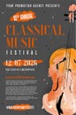 Classical music festival poster template with grungy background and abstract watercolor viol