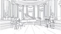 Concert Hall with Grand Piano and String Instruments Line Drawing Royalty Free Stock Photo