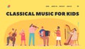 Classical Music for Kids Landing Page Template. Children Playing Classic Instruments Cello, Flute, Violin, Accordion Royalty Free Stock Photo