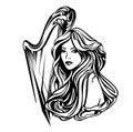 Classical music muse as woman with harp black and white vector portrait