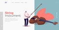 Classical Music Performance, Instrumental Ensemble Landing Page Template. Tiny Musician with Huge Violin and Bow