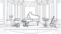 Concert Hall Stage with Grand Piano, Cello, and Music Stands - Line Art Royalty Free Stock Photo