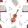 Classical Music seamless pattern in vintage watercolor style Royalty Free Stock Photo