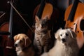 classical music symphony with dog and cat musicians as part of the orchestra