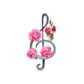 Classical Music Treble Clef decorated with Roses watercolor illustration on white or transparent background