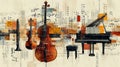 Classical musical instruments on background with music notes. Artistic illustration. Royalty Free Stock Photo