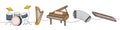Classical musical instruments. Drum kit, lyre, wooden harp, grand piano, accordion, synthesizer piano continuous one