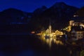 Classical Night View Of Beautiful Alpine Hallstatt Town And Lake, Austria