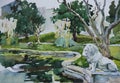 Classical park with pond and lion sculpture Royalty Free Stock Photo