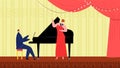 Classical piano music scene singer with microphone landing page, vector illustration. Man woman people musician