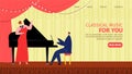 Classical piano music, singer with microphone landing page, vector illustration. Man woman people musician character art Royalty Free Stock Photo