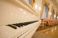 Classical Piano - white and black keys. Golden luxury ballroom