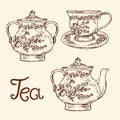 Classical porcelain set: sugar bowl, cup and saucer, teapot with roses and leaves ornament, hand drawn doodle, simple sketch Royalty Free Stock Photo