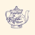 Classical porcelain teapot with roses and leaves ornament, hand drawn doodle, simple sketch in pop art style, vector