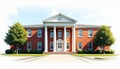 Classical red brick building with large white columns and a clock tower. Rich green trees flank the structure. This academic Royalty Free Stock Photo