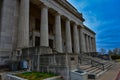 1920 classical revival style Scottish Rite Masonic Temple statuary front entry Royalty Free Stock Photo