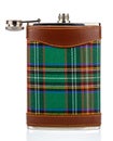 Classical scotland pewter hip flask with leather and tartan trim isolated on white background Royalty Free Stock Photo